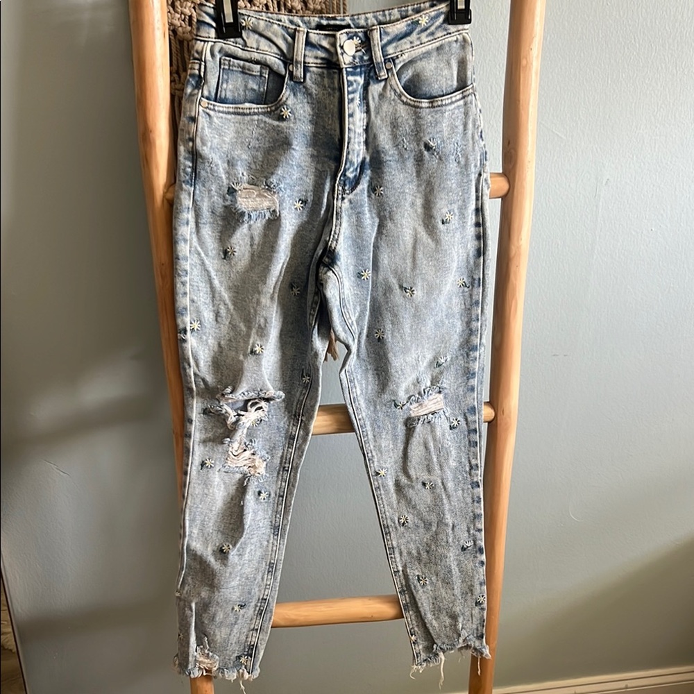 Material Girl Blue Ankle Cropped Distressed Jeans